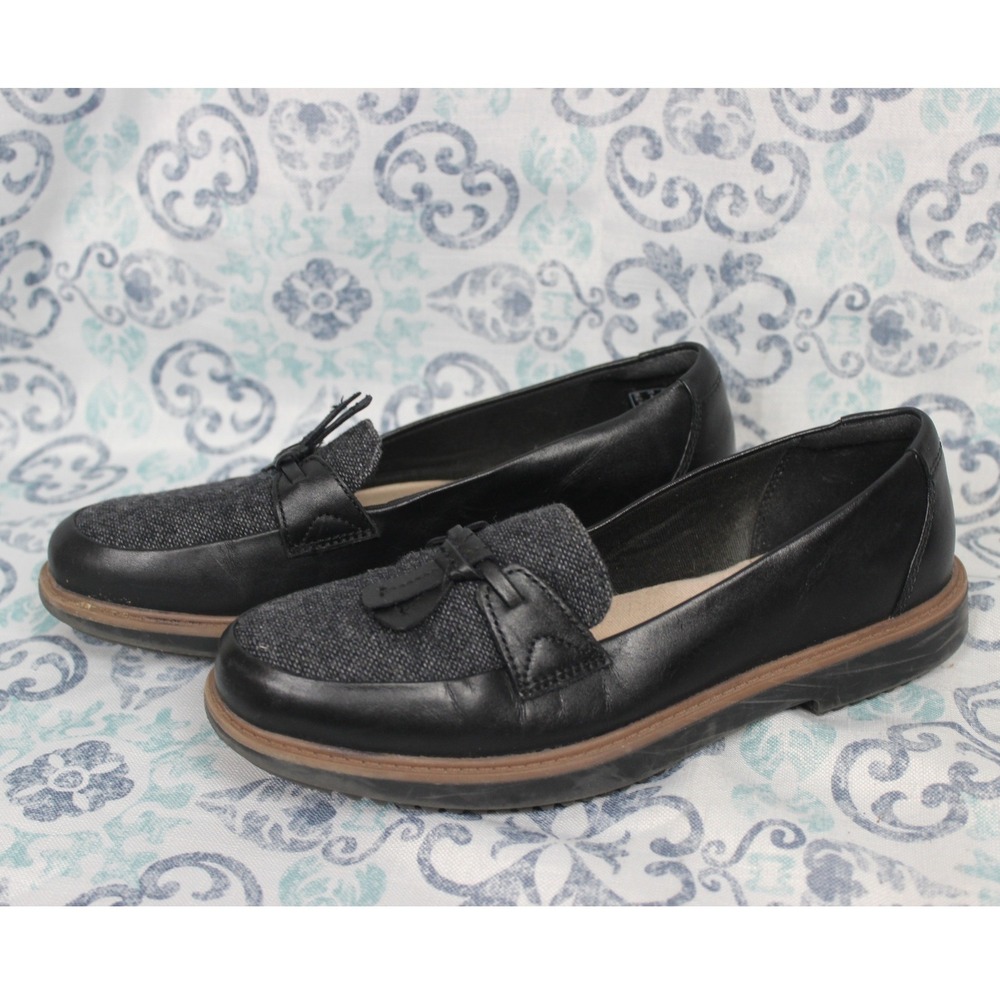Collection by Clarks Womens Black‎ Leather Tweed Loafer Shoes Size 6